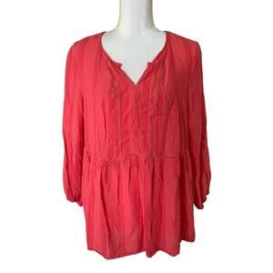 Coral Boho Peasant Blouse Lace Trim Babydoll Tunic Crinkle Women's Large Blouse‎